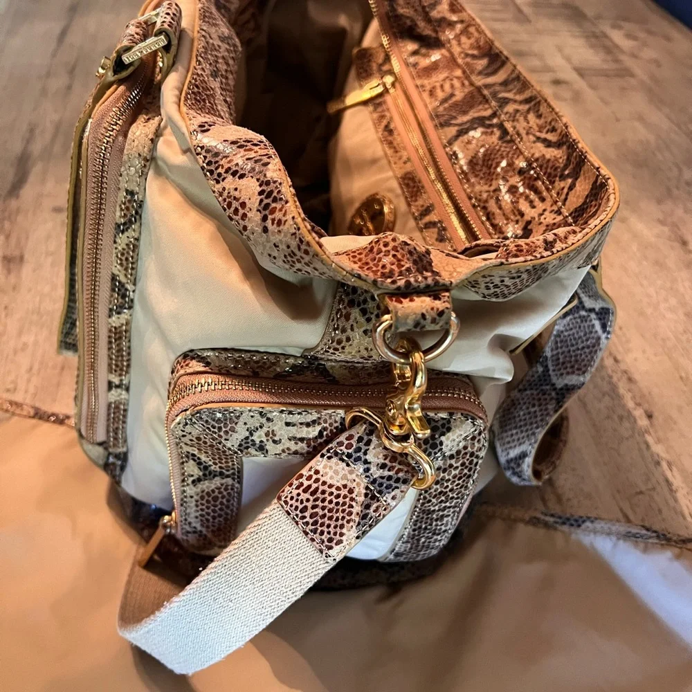 Tory Burch Beige Canvas Baby Bag with Snake-Print Trim